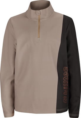 Beige Jacke mit dunklem Ärmel und Logo, Reißverschluss. Beige Jacke mit dunklem Ärmel und Logo, Reißverschluss.