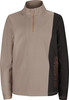 Beige Jacke mit dunklem Ärmel und Logo, Reißverschluss.