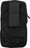 Schwarze Tasche mit Riemen und Schnalle, vertikaler Reißverschluss an der Seite.