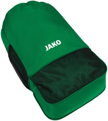 Grüne Schuhtasche mit weißem JAKO-Logo und schwarzer Netztasche. Grüne Schuhtasche mit weißem JAKO-Logo und schwarzer Netztasche.