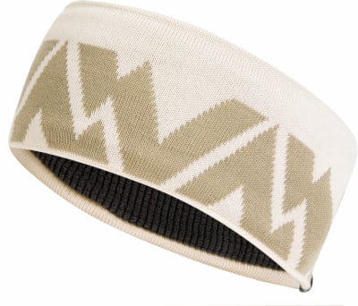 Beigefarbene Strickstirnband mit braunem geometrischem Muster und dunklem Futter. Beigefarbene Strickstirnband mit braunem geometrischem Muster und dunklem Futter.