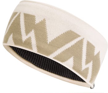 Beigefarbene Strickstirnband mit braunem geometrischem Muster und dunklem Futter.
