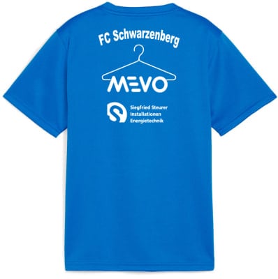 Blaues T-Shirt mit FC Schwarzenberg Logo und MEVO-Schriftzug.