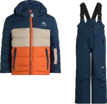 Kinder-Winterjacke und Latzhose von McKinley in Blau, Beige und Orange.