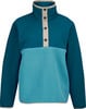 Blau-türkise Fleecejacke mit beige Knopfleiste.
