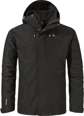 Schwarze Herrenjacke mit Kapuze und Schöffel-Logo auf der Brust. Schwarze Herrenjacke mit Kapuze und Schöffel-Logo auf der Brust.