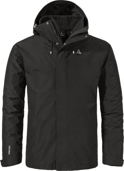 Schwarze Herrenjacke mit Kapuze und Schöffel-Logo auf der Brust.