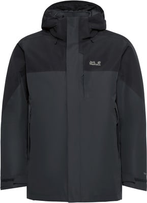 Herren dunkelgraue Jacke mit Kapuze und Jack Wolfskin Logo. Herren dunkelgraue Jacke mit Kapuze und Jack Wolfskin Logo.