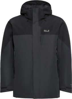 Herren dunkelgraue Jacke mit Kapuze und Jack Wolfskin Logo.