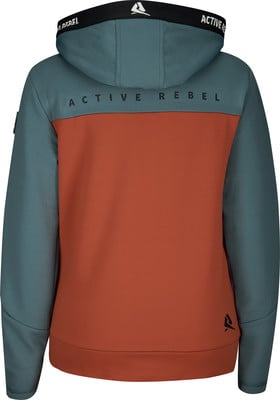 Grüner Hoodie mit orangefarbenem Streifen und Logo vorne und am Ärmel. Grüner Hoodie mit orangefarbenem Streifen und Logo vorne und am Ärmel.