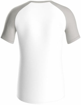 Rückansicht eines weißen T-Shirts mit grauen Raglanärmeln.