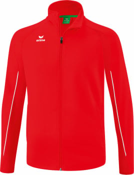 Rote Erima Jacke mit weißen Streifen an den Ärmeln und Logo.