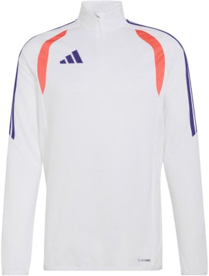 Weißes Adidas-Sweatshirt mit lila Logo und orangefarbenen Details an den Schultern. Weißes Adidas-Sweatshirt mit lila Logo und orangefarbenen Details an den Schultern.