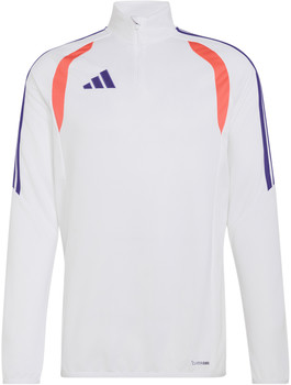 Weißes Adidas-Sweatshirt mit lila Logo und orangefarbenen Details an den Schultern.