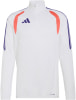 Weißes Adidas-Sweatshirt mit lila Logo und orangefarbenen Details an den Schultern.