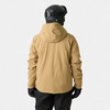 Rückansicht einer Person in einer beige Skijacke und schwarzem Helm.