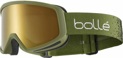 Eine Bolle Skibrille mit olivgrünem Rahmen und goldener Spiegellinse. Eine Bolle Skibrille mit olivgrünem Rahmen und goldener Spiegellinse.