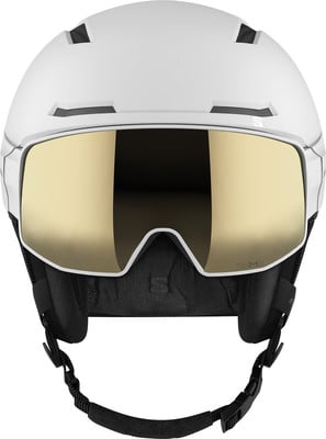 Ein weißer Skihelm mit goldenem Visier und schwarzen Gurten. Ein weißer Skihelm mit goldenem Visier und schwarzen Gurten.