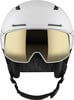 Ein weißer Skihelm mit goldenem Visier und schwarzen Gurten.