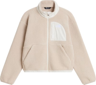 Beige Fleecejacke mit weißem Kragen und Logo-Tasche.