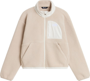 Beige Fleecejacke mit weißem Kragen und Logo-Tasche.
