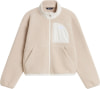 Beige Fleecejacke mit weißem Kragen und Logo-Tasche.