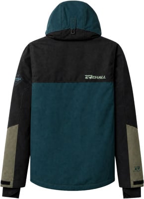 Rückseite einer dunkelblauen Jacke mit schwarzen und grünen Einsätzen und Logo. Rückseite einer dunkelblauen Jacke mit schwarzen und grünen Einsätzen und Logo.