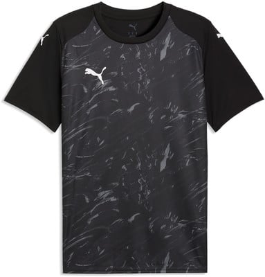 Schwarzes Puma-T-Shirt mit grauem abstraktem Print und weißem Logo.