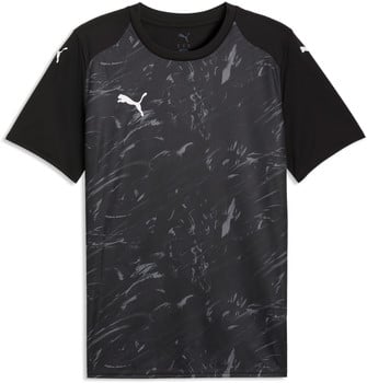 Schwarzes Puma-T-Shirt mit grauem abstraktem Print und weißem Logo.