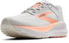 Grau-weiße Brooks Laufschuhe mit orangefarbenen Akzenten und Logo.