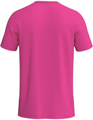 Ein pinkes T-Shirt mit kurzen Ärmeln, von hinten gezeigt.