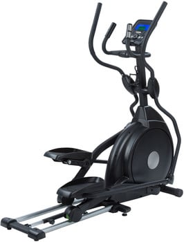 Schwarzes Ellipsentrainer mit digitalem Display und beweglichen Griffen.