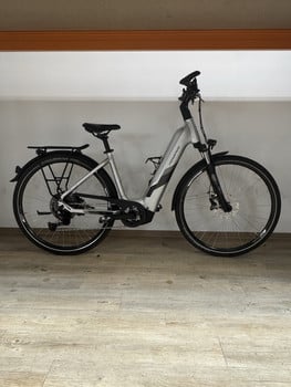 Ein silbernes E-Bike steht auf einem Holzboden in einem Raum.