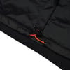 Schwarze Jacke mit orangefarbenem Kordelzug und Stopper.