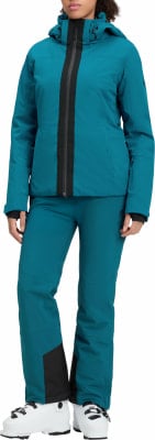 Damen-Skijacke und Hose in Türkis mit schwarzen Details. Damen-Skijacke und Hose in Türkis mit schwarzen Details.