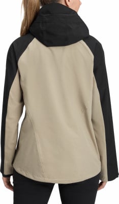 Rückansicht einer beige Jacke mit schwarzen Ärmeln und Kapuze. Rückansicht einer beige Jacke mit schwarzen Ärmeln und Kapuze.