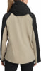 Rückansicht einer beige Jacke mit schwarzen Ärmeln und Kapuze.