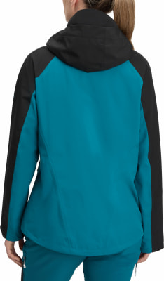 Damenjacke in Blau und Schwarz mit Kapuze, Rückansicht. Damenjacke in Blau und Schwarz mit Kapuze, Rückansicht.