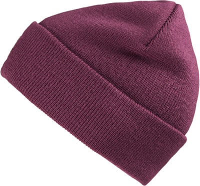 Eine dunkelweinrote Strickmütze mit Umschlag. Eine dunkelweinrote Strickmütze mit Umschlag.