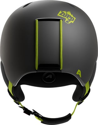 Rückansicht eines dunkelgrauen Skihelms mit grünen Akzenten und Logos. Rückansicht eines dunkelgrauen Skihelms mit grünen Akzenten und Logos.