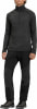 Ein Mann in einem dunklen gestreiften Pullover und schwarzer Hose mit Wanderschuhen.