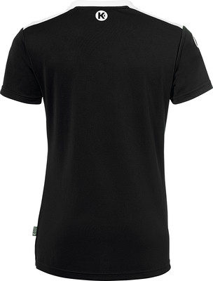 Schwarzes T-Shirt mit weißem Besatz und K-Logo auf dem Rücken. Schwarzes T-Shirt mit weißem Besatz und K-Logo auf dem Rücken.