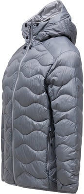 Graue Daunenjacke mit wellenförmiger Steppung und Kapuze. Graue Daunenjacke mit wellenförmiger Steppung und Kapuze.