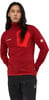 Mann in rotem Pullover mit kurzem Reißverschluss und schwarzer Hose.