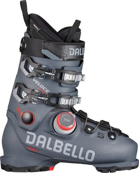 Grauer Dalbello Veloce Skischuh mit BOA-System und Metallschnallen.