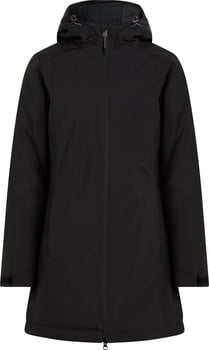 Schwarze Kapuzenjacke mit Reißverschluss, geeignet für den Außenbereich.