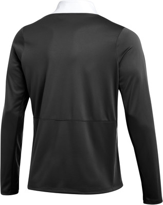 Rückansicht einer schwarzen Jacke mit weißem Kragen und langen Ärmeln.