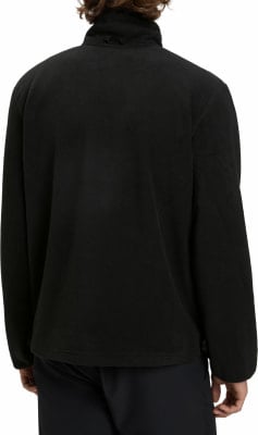 Rückansicht einer schwarzen Fleecejacke mit hohem Kragen und langen Ärmeln. Rückansicht einer schwarzen Fleecejacke mit hohem Kragen und langen Ärmeln.