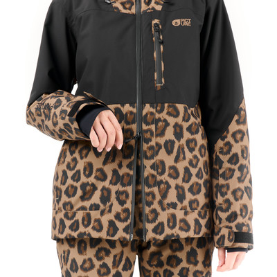 Jacke mit Leopardenmuster und schwarzen Ärmeln, mit Reißverschluss und Logo. Jacke mit Leopardenmuster und schwarzen Ärmeln, mit Reißverschluss und Logo.