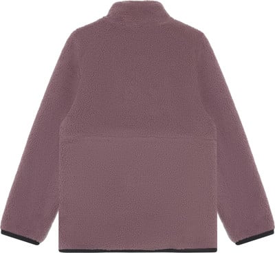 Rückansicht einer rosa Fleecejacke mit Stehkragen und schwarzer Paspelierung.